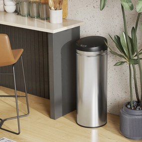 HOMCOM Kosz na śmieci 50 litrów z funkcją Soft-Close, bezdotykowy kosz ze stali nierdzewnej do higienicznych kuchni, biur, srebrny