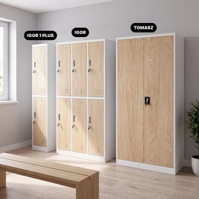 Szafka BHP ubraniowa, pracownicza, pojedyncza, 2 skrytki z drążkiem, biała/dąb sonoma, 316,5x1850x450 mm: IGOR 1 Plus Eco Design