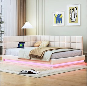 Łóżko tapicerowane 140 x 200 cm, sofa rozkładana z miękkim wezgłowiem - listwa świetlna LED, gniazdo USB - tkanina aksamitna - beż (bez materaca)