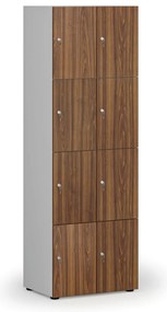 Drewniana szafka skrytkowa S4, 8 schowków, demontaż, zamek cylindryczny, szary/orzech