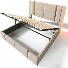 Łóżko ze schowkiem 180x200 cm - beżowy len - łóżko małżeńskie z funkcją ładowania USB i LED - bez materaca