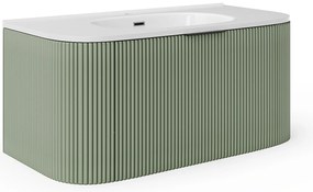 Szafka łazienkowa wisząca  ryflowana z umywalką wpuszczaną w blat - Zielony mat - 100 cm - LOMERI