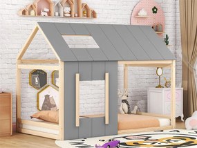 Łóżko z sosnowego drewna 90x200cm - łóżko dziecięce z dachem i oknem oraz stelażem na listwy - Naturalne