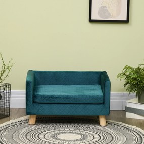 PawHut Sofa dla psa łóżko dla psa kanapa z weluru z oparciem, nogi drewniane, poduszka, do 8 kg 64 x 45 x 36 cm Niebieski | Aosom PL
