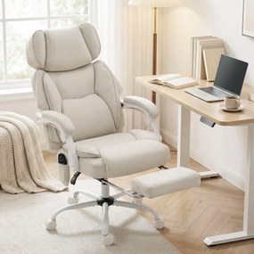 HOMCOM Wysokie krzesło biurowe z masażem wibracyjnym i podgrzewaniem, ergonomiczne, regulowane, z podnóżkiem, kremowobiały | Aosom PL