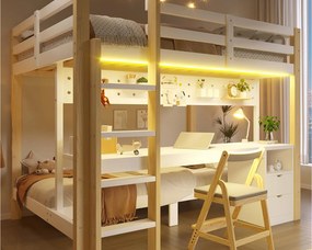 Łóżko piętrowe 90x200 cm + 140x200 cm - z 2 szufladami - z biurkiem - z oświetleniem LED - biały+naturalny​ (materac nie jest wliczony w cenę)