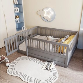 Łóżko dziecięce - 140 x 200 cm - bez stelaża - rama łóżka ze szczebelkami i drzwiami - sosna + sklejka + MDF - szare