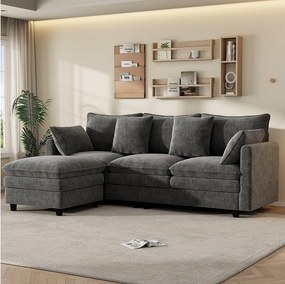 Narożnik 3-osobowy z szezlongiem, 4 poduszkami dekoracyjnymi i regulowanymi oparciami - Chenille - 212 x 150 x 65 cm - Szary