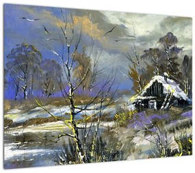 Obraz chaty w zimowym krajobrazie, obraz olejny (70x50 cm)