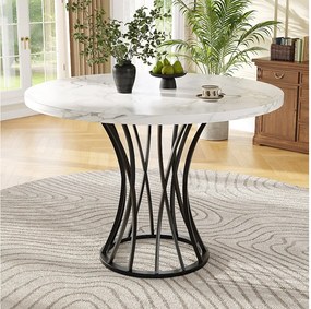 Okrągły stół jadalny dla 4-6 osób - D 80 x W 76 cm - Blat z płyty MDF marmurkowy i nogi metalowe - Biały + czarny