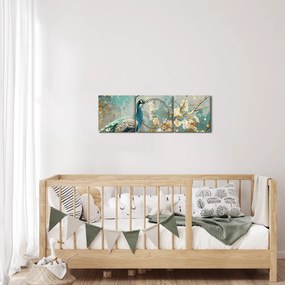Obraz - Paw ze złotą dekoracją (z zegarem) (90x30 cm)