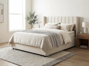 Podwójne łóżko beżowe z lnu Saint-Moritz 140x190 cm z pojemnikiem na przechowywanie i solidnym stelażem