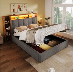 Łóżko z pojemnikiem 90x200 cm - z zagłówkiem, schowkiem i oświetleniem LED - szary len - materac nie jest wliczony w cenę