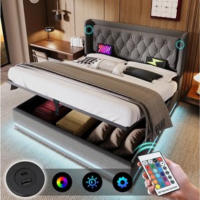 Łóżko tapicerowane dwuosobowe ze schowkiem - 180 x 200 cm - z zagłówkiem + USB + diodami LED + hydraulicznym schowkiem - Bawełna - szary
