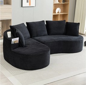 Sofa sztruksowa 3-osobowa - 250 x 152 x 82 cm - z uchwytem na kubek + kieszenią + poduszkami - czarna