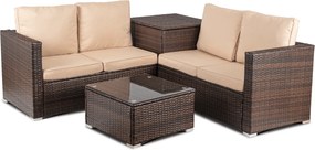 Zestaw mebli ogrodowych Savero, narożnik modułowy ze skrzynią, brązowy technorattan, poduszki beż