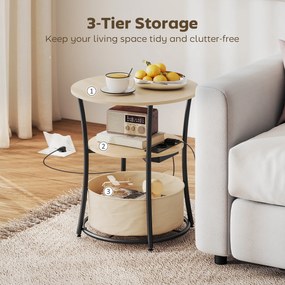 HOMCOM Stolik boczny 3-poziomowy z stacją ładującą, materiałową kieszenią, półką, 50x50x55,1 cm naturalne drewno