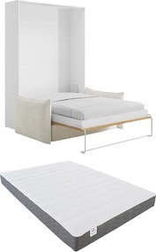 Łóżko chowane w szafie 160 x 200 cm - Ręczne otwieranie pionowe - Naturalny i biały + kanapa + Materac - BEGANIO