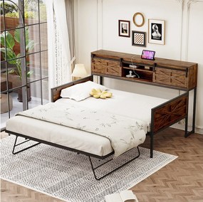 Łóżko dziecięce 90x200 cm / 90x190 cm - łóżko wysuwane z gniazdkiem wielofunkcyjnym i drzwiami przesuwnymi - brązowe