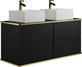 Szafka łazienkowa wisząca  prążkowana ze złotą obwódką i dwoma kwadratowymi umywalkami nablatowymi - Czarny - 120 cm - KELIZA