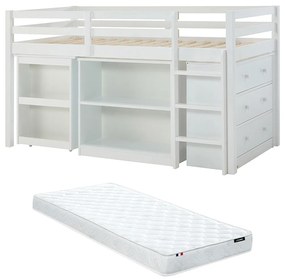 Łóżko piętrowe 90 x 190 cm  ze skrzynią i i rozsuwanym biurkiem - Drewno sosnowe i MDF - Biały + Materac - ABRENO