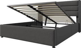 Łóżko z pojemnikiem 160x200 cm - Szary len - Tapicerowane łóżko z zagłówkiem i stelażem z listew - Bez materaca