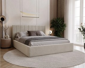 BESILIO Stylowe łóżko tapicerowane 160x200 Persea - stelaż metalowy, pojemnik na pościel, ozdobna lamówka - Beżowy