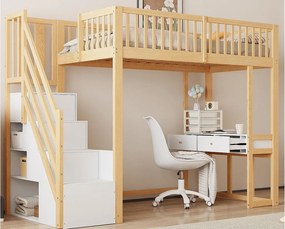 Łóżko mezzanine 90x200cm z drewna - z biurkiem i schodami do przechowywania - Naturalne i Białe