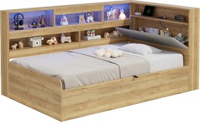 Łóżko dziecięce z pojemnikiem 90x200cm - z portem USB i LED - Przechowywanie pod łóżkiem - Przegródki do przechowywania - MDF - Naturalny​ (bez materaca)