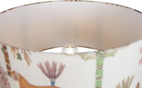 Drewniana lampa podłogowa na trójnogu z wielokolorowym abażurem w zwierzęce wzory 50 cm - Lou