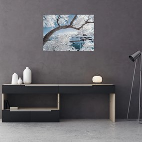 Obraz na szkle - ośnieżone drzewo nad wodą (70x50 cm)