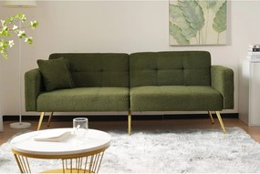 Sofa rozkładana 2-osobowa z funkcją spania w tkaninie Sherpa - 175 x 64 x 72 cm - Złote metalowe nogi - Zielony