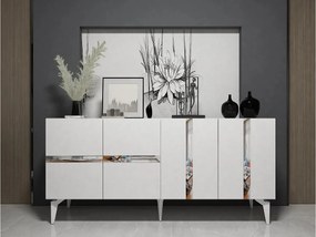 Elegancka komoda – 150 x 40 x 79 cm – Kolor biały i srebrny – Płyta wiórowa pokryta melaminą