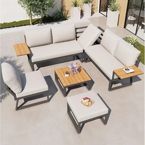 Zestaw mebli ogrodowych 7-osobowy - z rozkładaną sofą + fotelami + stołem + pufą - metalowy - beżowy