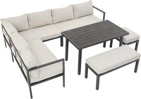 Zestaw mebli ogrodowych 9-osobowy - sofa + stół + ławka + hoker - wykonany z ocynkowanej rury stalowej - szary