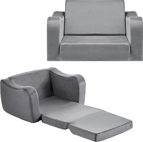 Kanapa dla Dzieci SucceBuy 2-w-1 Przekształcana w Leżankę, Składane i Miękkie Łóżko Kanapowe, z Podłokietnikami, z Gąbki 28D i Krótkim Włosiem, Szary, M