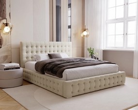 BESILIO Łóżko tapicerowane pikowane 180x200 Palmo - łóżko z pojemnikiem chesterfiled, pikowane guziki - Beżowy