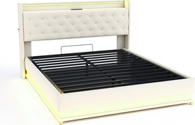 Łóżko z tapicerowanym zagłówkiem z LED 160x200 cm - z portem ładowania USB - z tkaniny lnianej - Beżowe