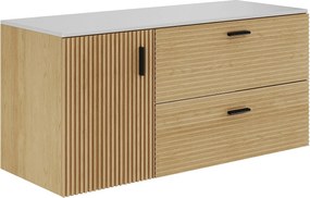 Szafka łazienkowa wisząca podumywalkowa SARONE – 120 cm, w jasnym, naturalnym kolorze – pasy, z półką, 1 drzwiami i 2 szufladami