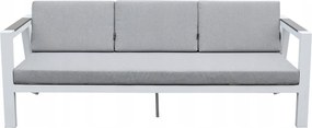 Zestaw mebli ogrodowych biały aluminium sofa fotele stolik drewniane detale