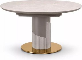 Rozkładany stół okrągły Muskat 120-160 cm z ceramicznym szarym blatem na jednej nodze MDF, złota podstawa do jadalni