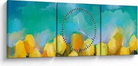Obraz żółtych tulipanów (z zegarem) (90x30 cm)