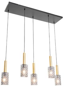 Lampa wisząca złota z dymionym szkłem podłużna 5-punktowa - Elva ArtDeco Oswietlenie wewnetrzne