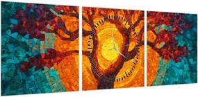 Obraz - Drzewo życia i słońce w mozaice (z zegarem) (90x30 cm)