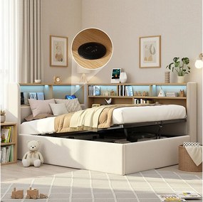 Łóżko dziecięce hydrauliczne ze schowkiem - 90 x 200 cm - sofa tapicerowana z funkcją spania i półką + LED + USB - welur - beż
