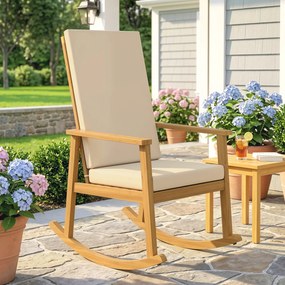 Outsunny Fotel bujany z drewna akacjowego z wysokim oparciem i poduszkami do 160 kg, 60 x 89 x 107 cm, beżowy | Aosom PL