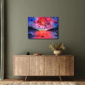 Obraz - Pojawienie się kosmicznych koni nad jeziorem, akwarela (70x50 cm)