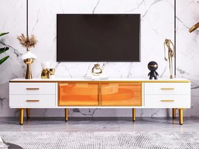 Szafka RTV do salonu z 2 drzwiami i 4 szufladami - diody LED - wygląd marmuru - brązowe szkło i złoty metal - biały