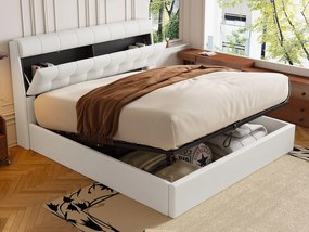 Łóżko 140x190 cm - z ekoskóry - wezgłowie z miejscem do przechowywania - Białe