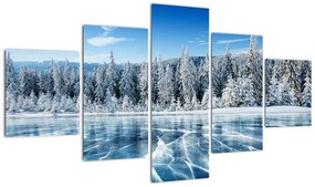 Obraz zamarzniętego jeziora i pokrytych śniegiem drzew (125x70 cm)
